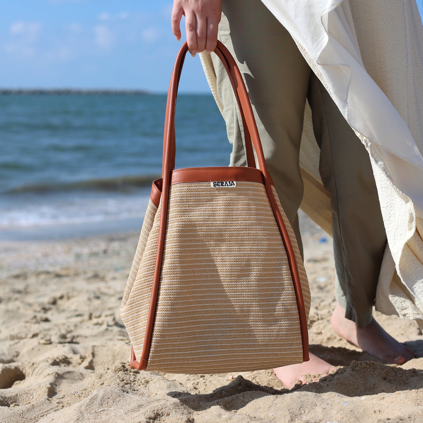beige beach bag